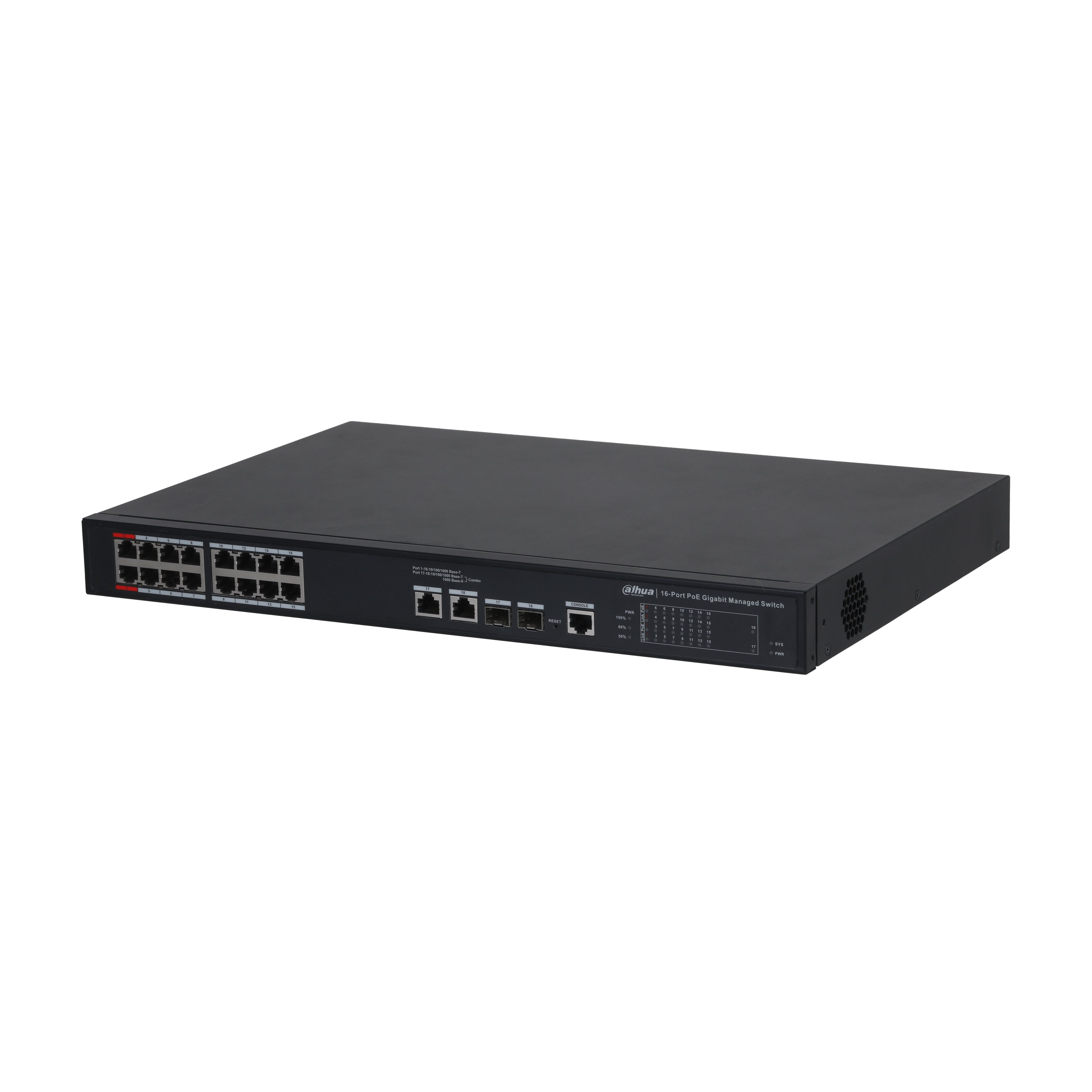 Dahua PFS4218-16GT2GF-240-V2 PoE switch, beltéri, 19" rackbe szerelhető