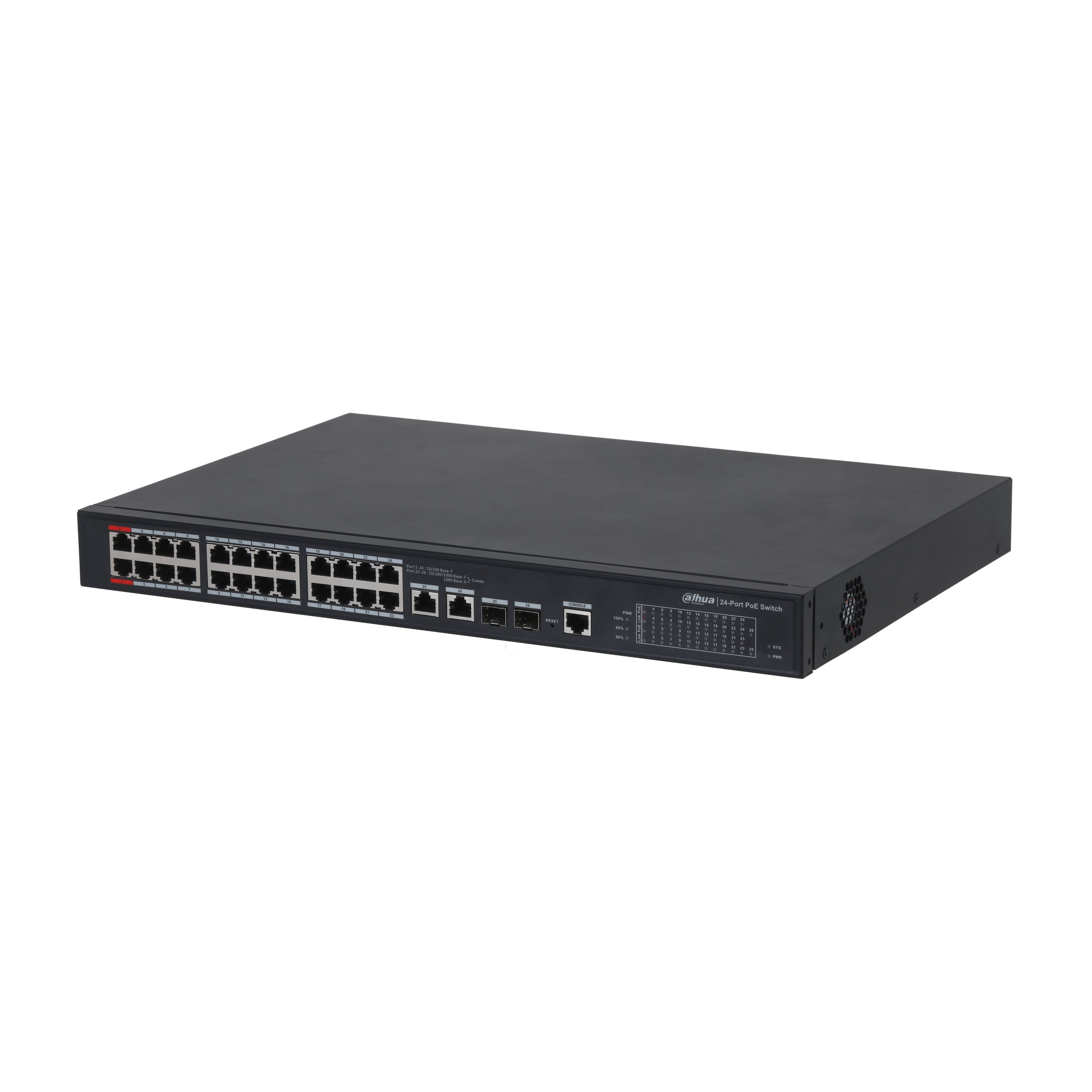 Dahua PFS4226-24ET-360-V2 PoE switch, beltéri, 19" rackbe szerelhető