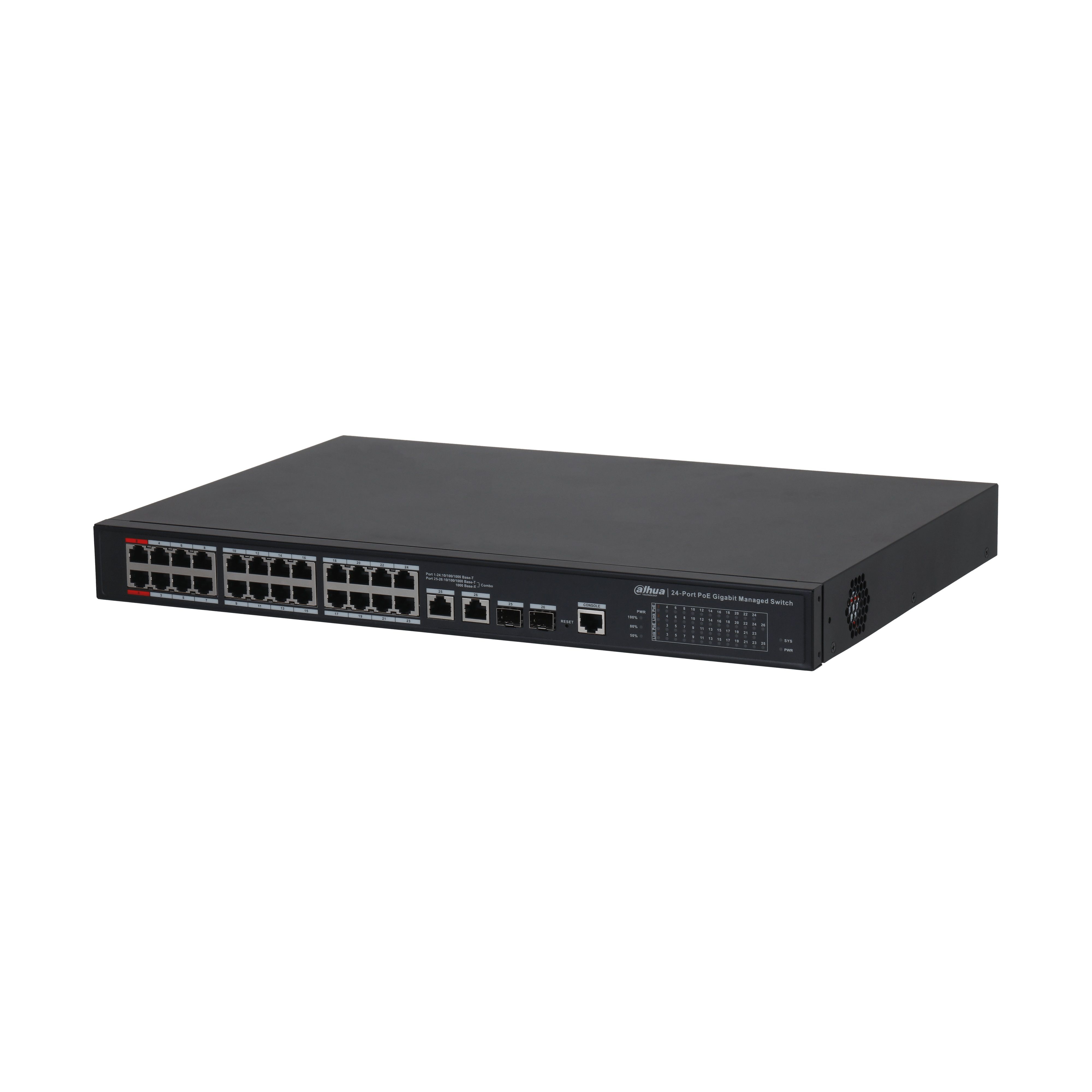 Dahua PFS4226-24GT2GF-240-V2 PoE switch, beltéri, 19" rackbe szerelhető