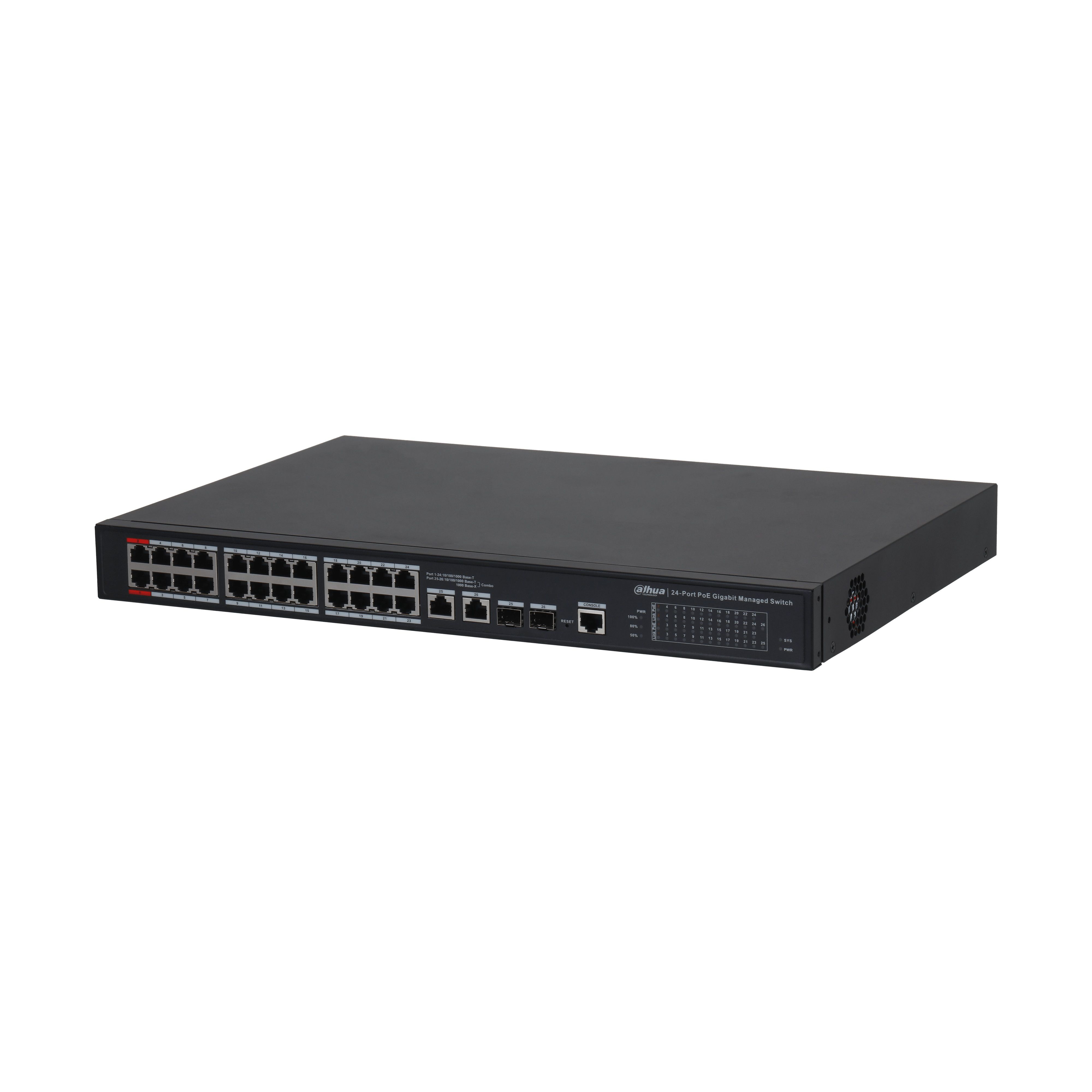 Dahua PFS4226-24GT2GF-360-V2 PoE switch, beltéri, 19" rackbe szerelhető