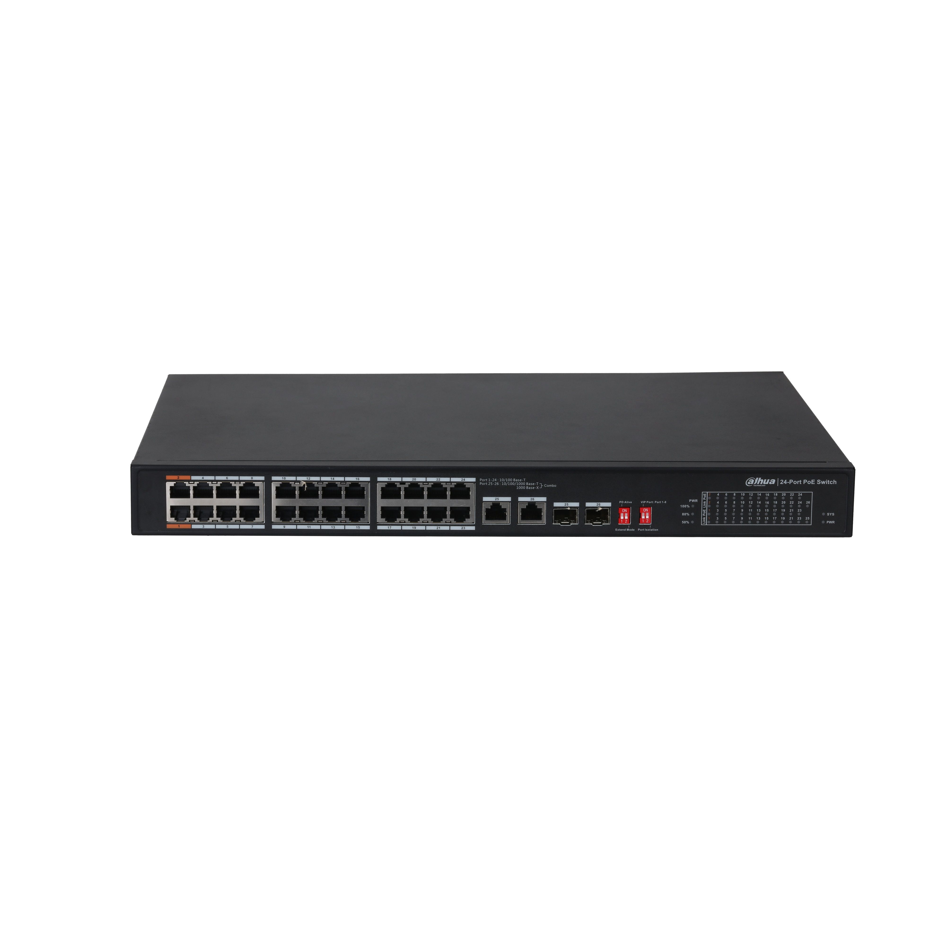 Dahua PFS3226-24ET-240 PoE switch, beltéri, 19" rackbe szerelhető, 802.3af/a