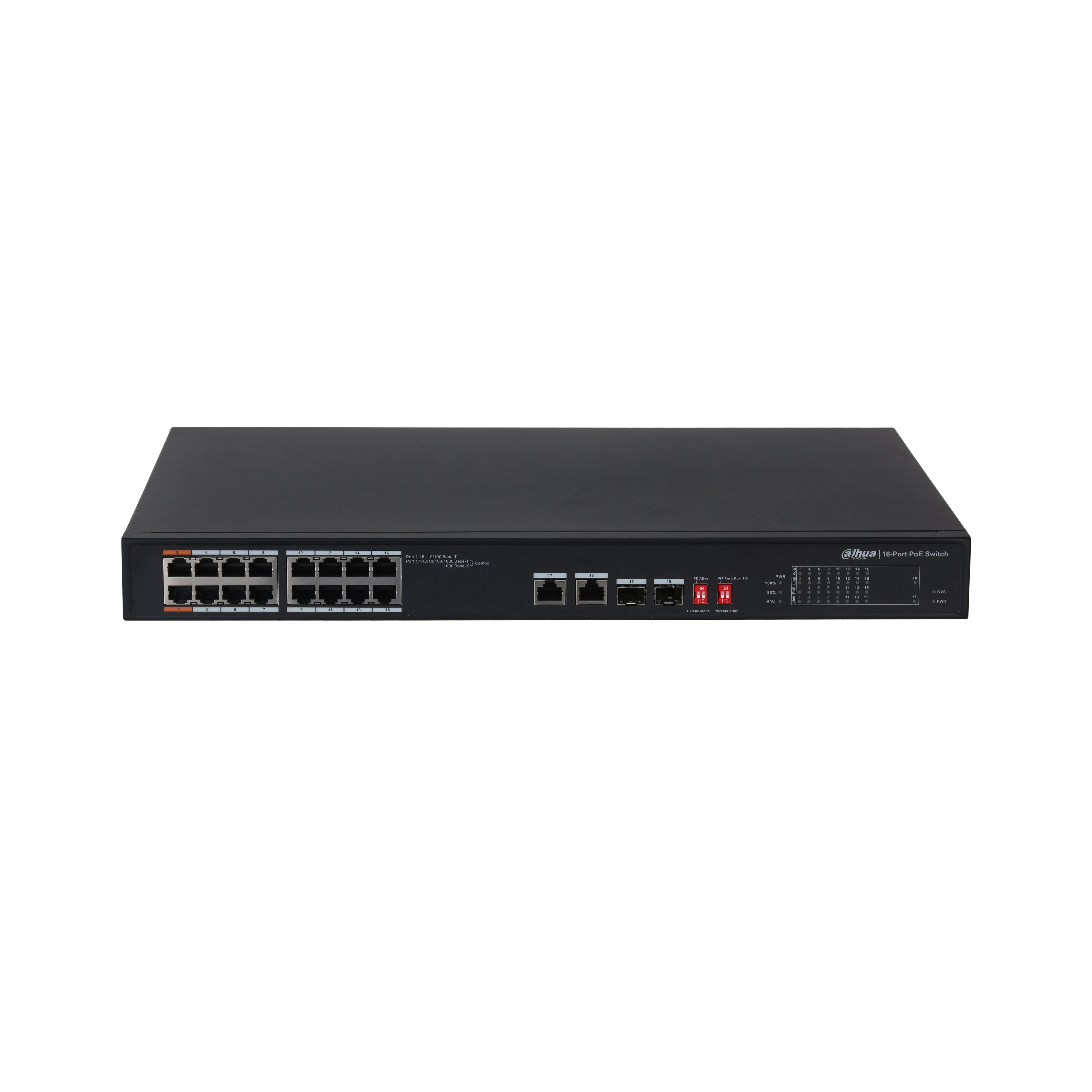 Dahua PFS3218-16ET-135 PoE switch, beltéri, 19" rackbe szerelhető, 802.3af/a