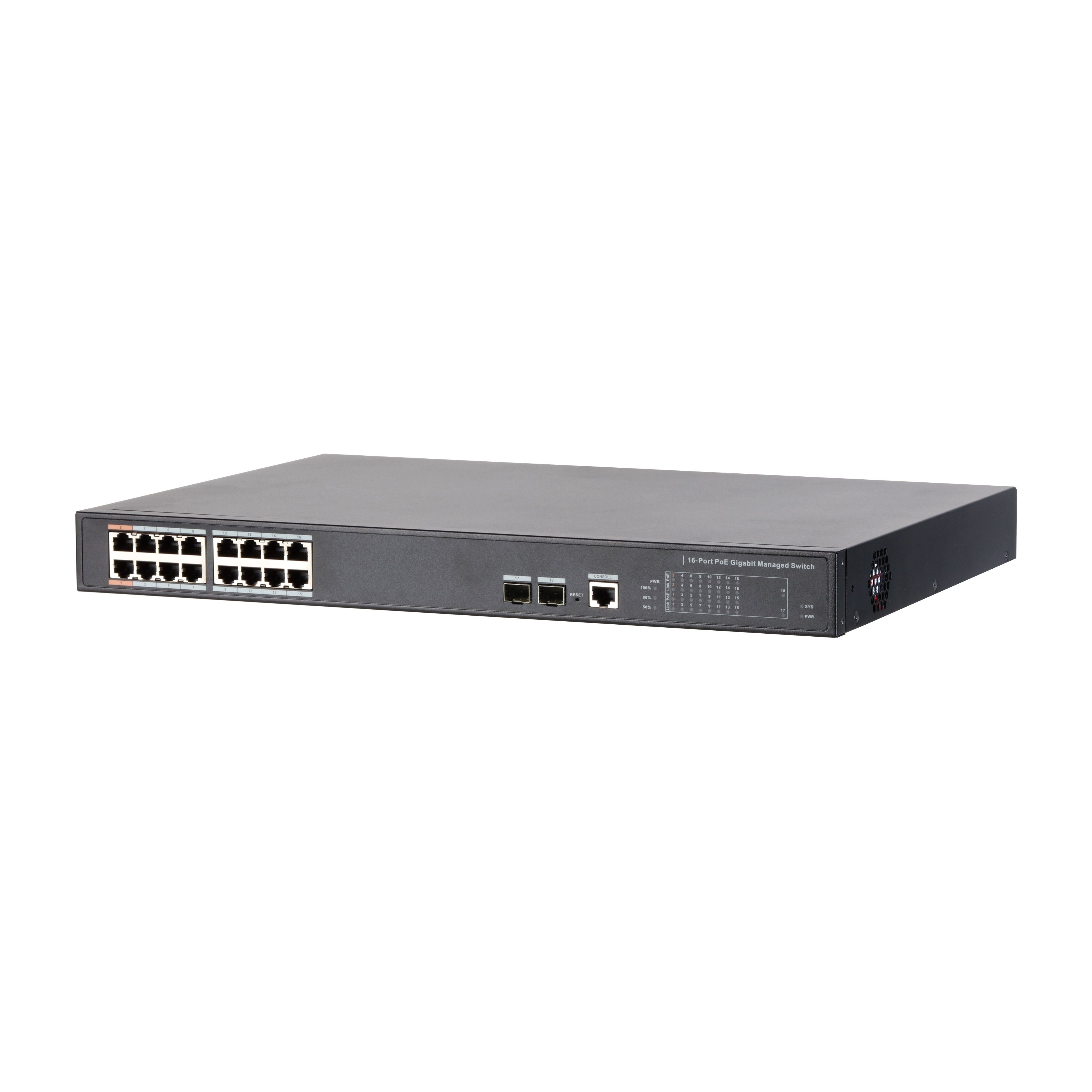 Dahua PFS4218-16GT-240 PoE switch, beltéri, 19" rackbe szerelhető, 802.3af/a