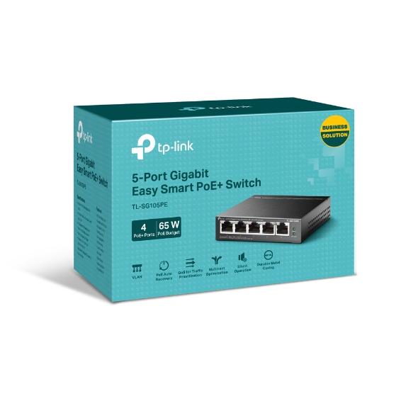 TP-Link SG105PE PoE+ Switch, beltéri, asztali, 802.3af/at, Smart menedzsment