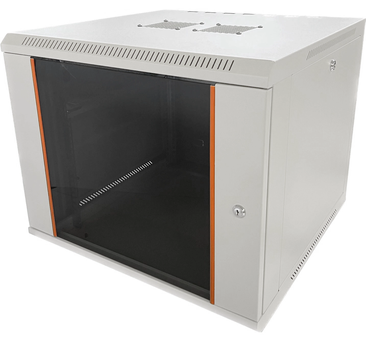 TechSon 600 × 450 mély 9U magas, fali 19"-os rackszekrény, üveg ajtó, fehér
