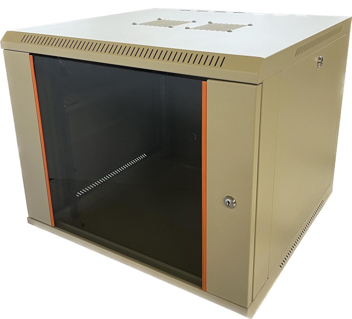 TechSon 600 × 600 mély 9U magas, fali 19"-os rackszekrény, üveg ajtó, fehér
