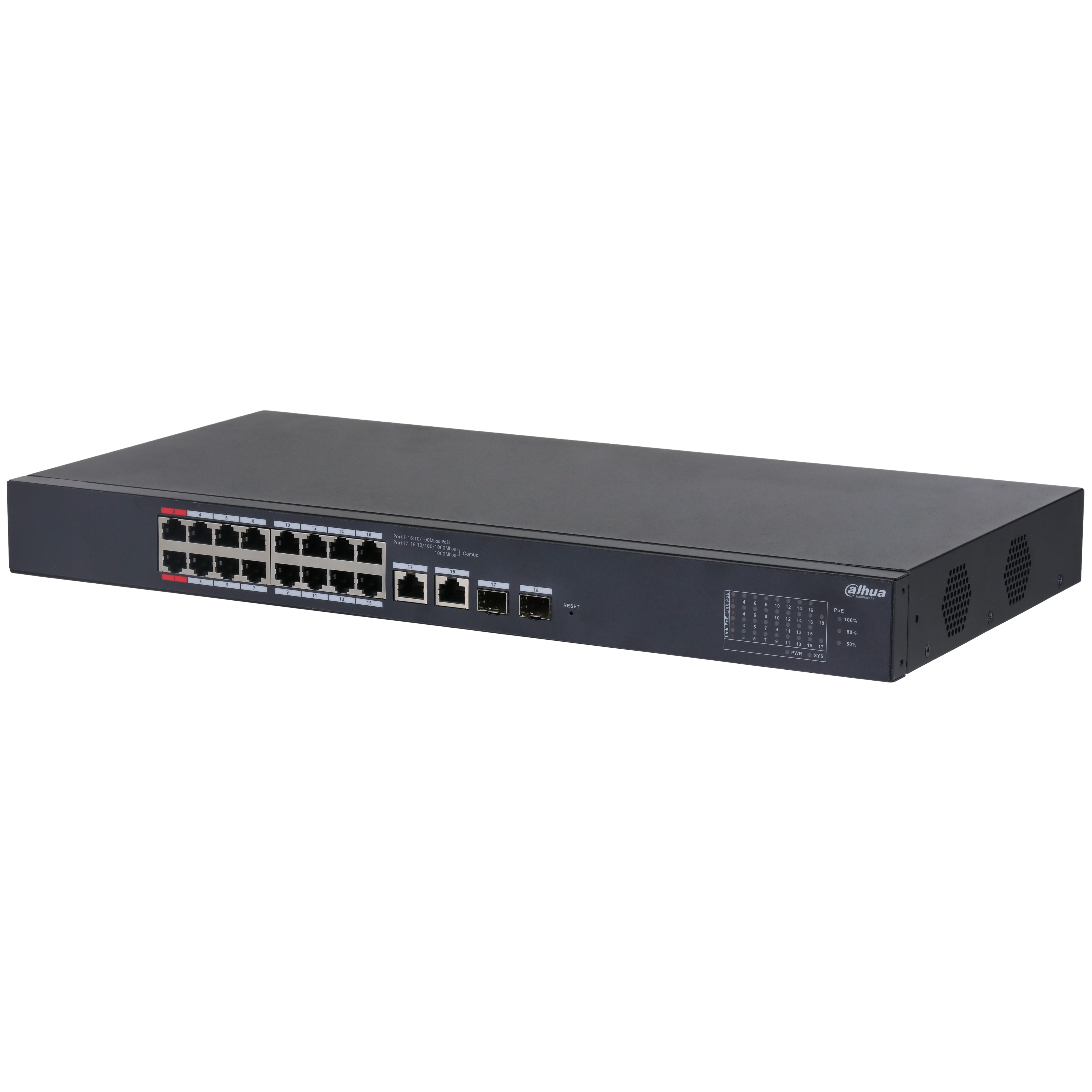 Dahua CS4218-16ET-240 PoE switch, beltéri, 19" rackbe szerelhető,