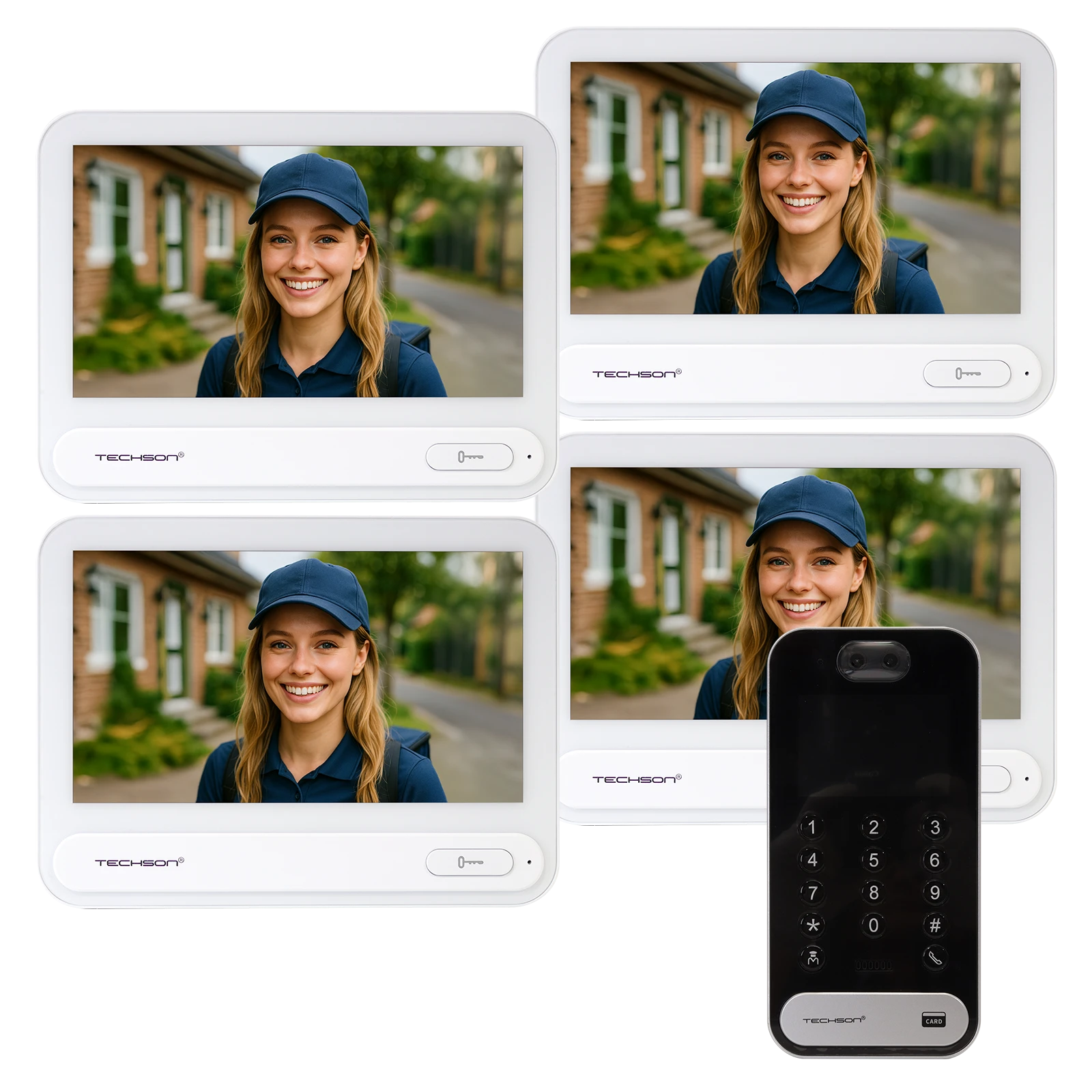 Techson 4 db TCTIS716WHITE + 1 db TCTDS302 Négylakásos Video IP kaputelefon szet