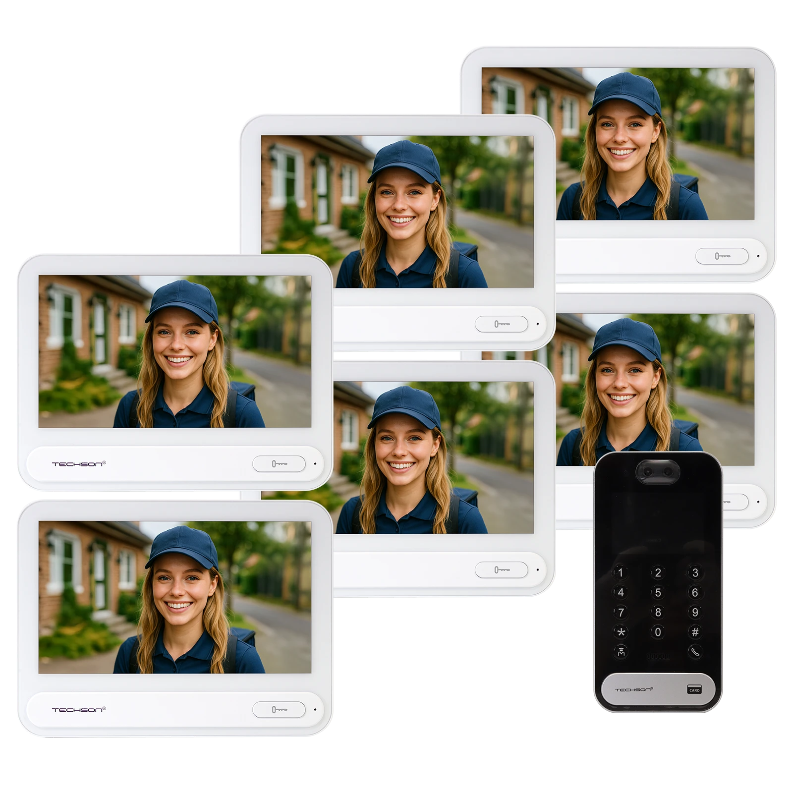 Techson 6 db TCTIS716WHITE + 1 db TCTDS302 Hatlakásos Video IP kaputelefon szett