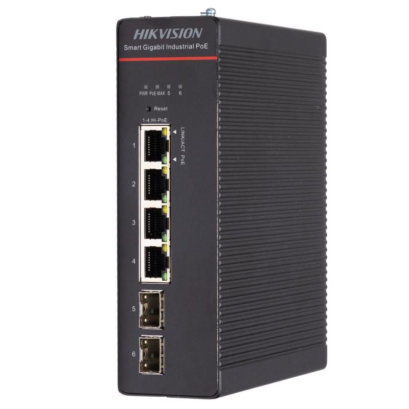 Hikvision DS-3T1506HP-SI-4P2F ipari smart PoE switch, 6 port