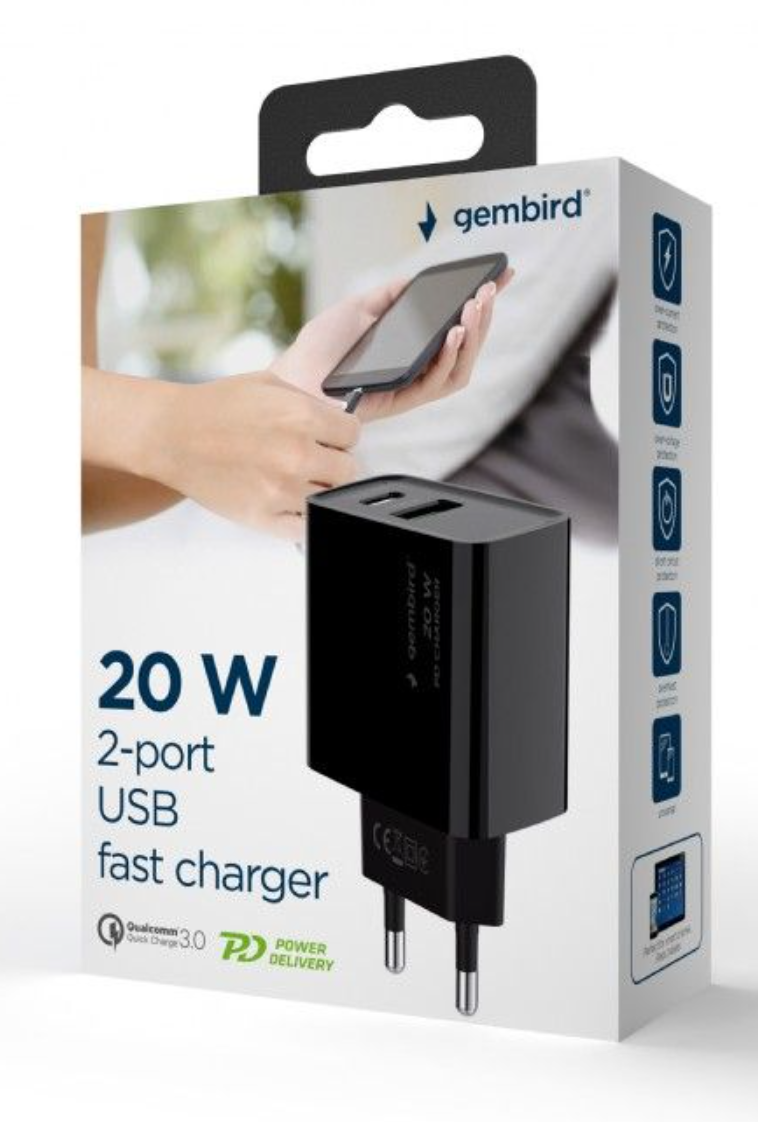 Gembird USB-C + USB-A 2 portos 5V-12V 20W PD / QC gyorstöltő