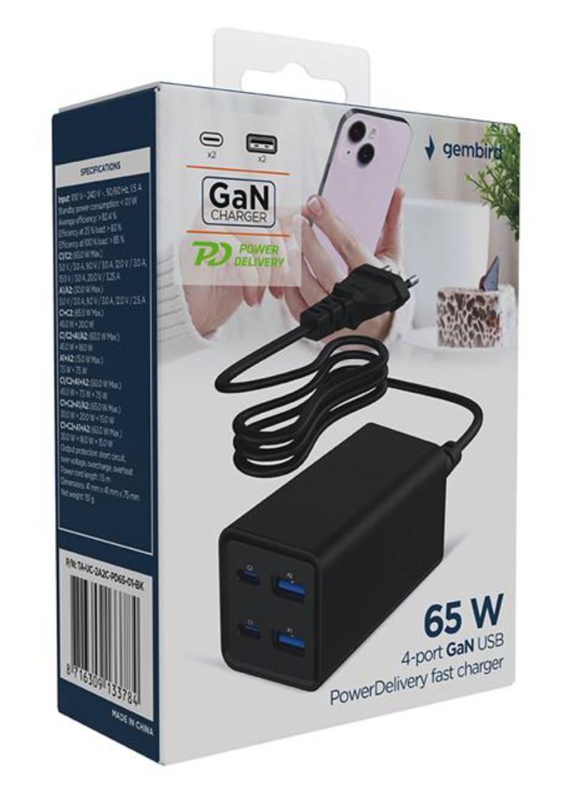 Gembird 4 portos 65 W GaN USB PD gyorstöltő (5/9/12/15/20V, 2xUSB-C, 2xUSB-A)